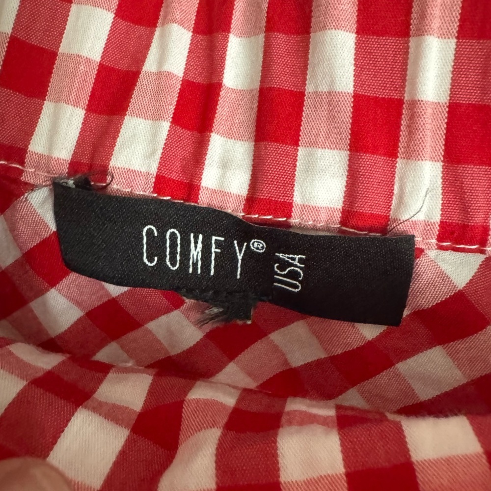 Comfy USA Red White Gingham Off Shoulder Tunic Blouse SZ M - Picture 5 of 6